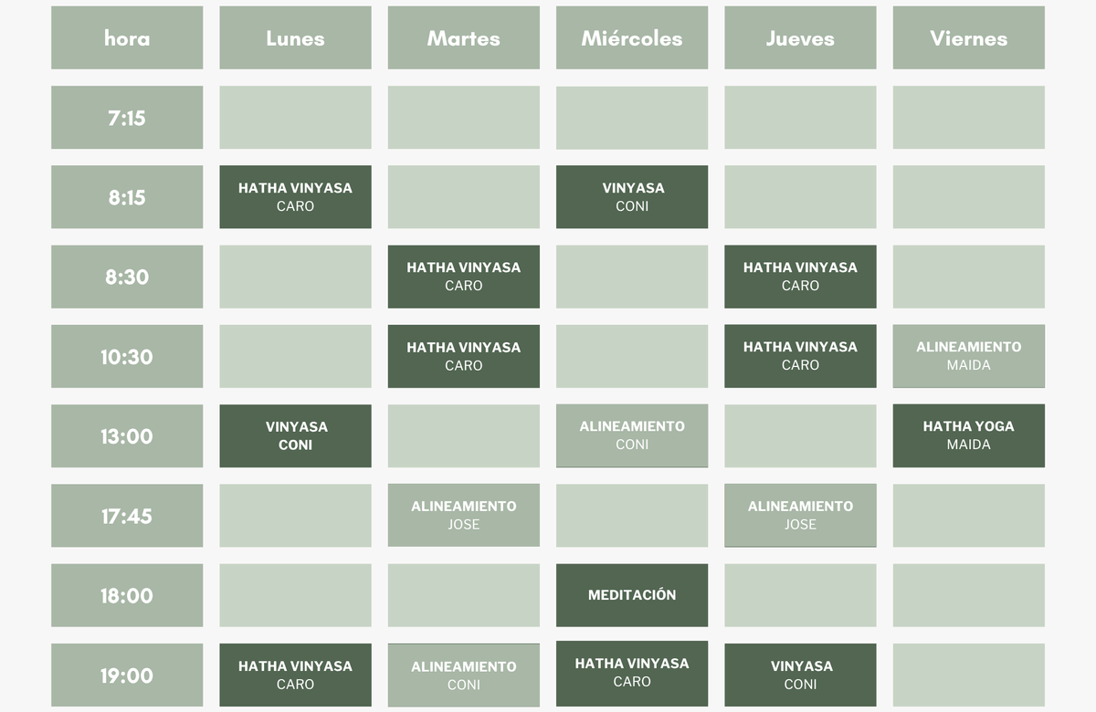 Tabla de horario de clases de yoga