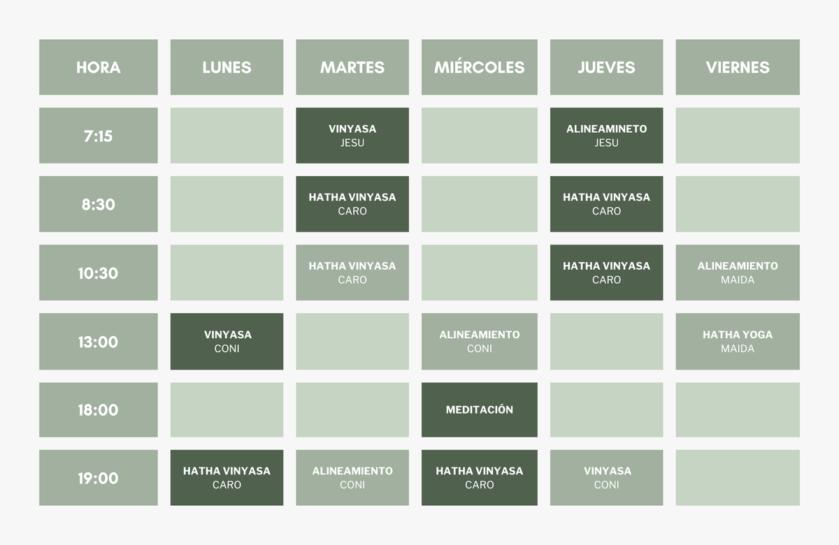 Tabla de horario de clases de yoga